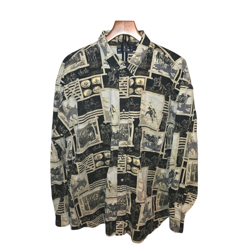 Bit & Bridle Western Button Down Men XL Black Tan Cowboy Rodeo Horse Print Shirt